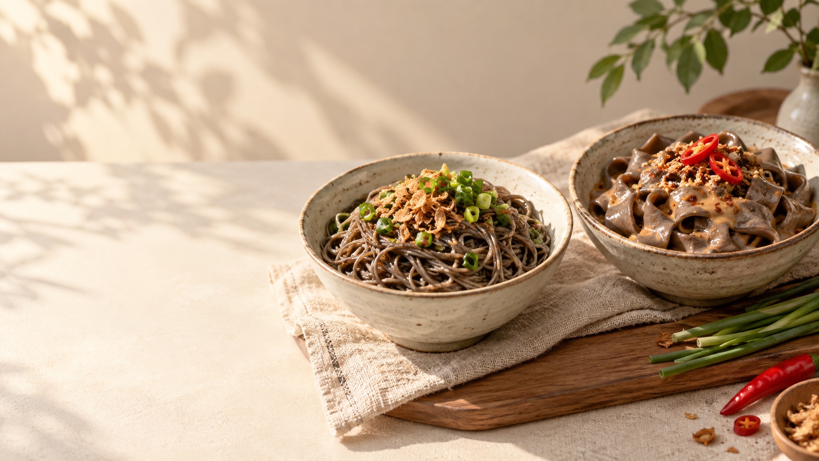家鄉油蔥細麵與香辣麻醬寬麵並排,兩碗使用同一款黑豆麵體